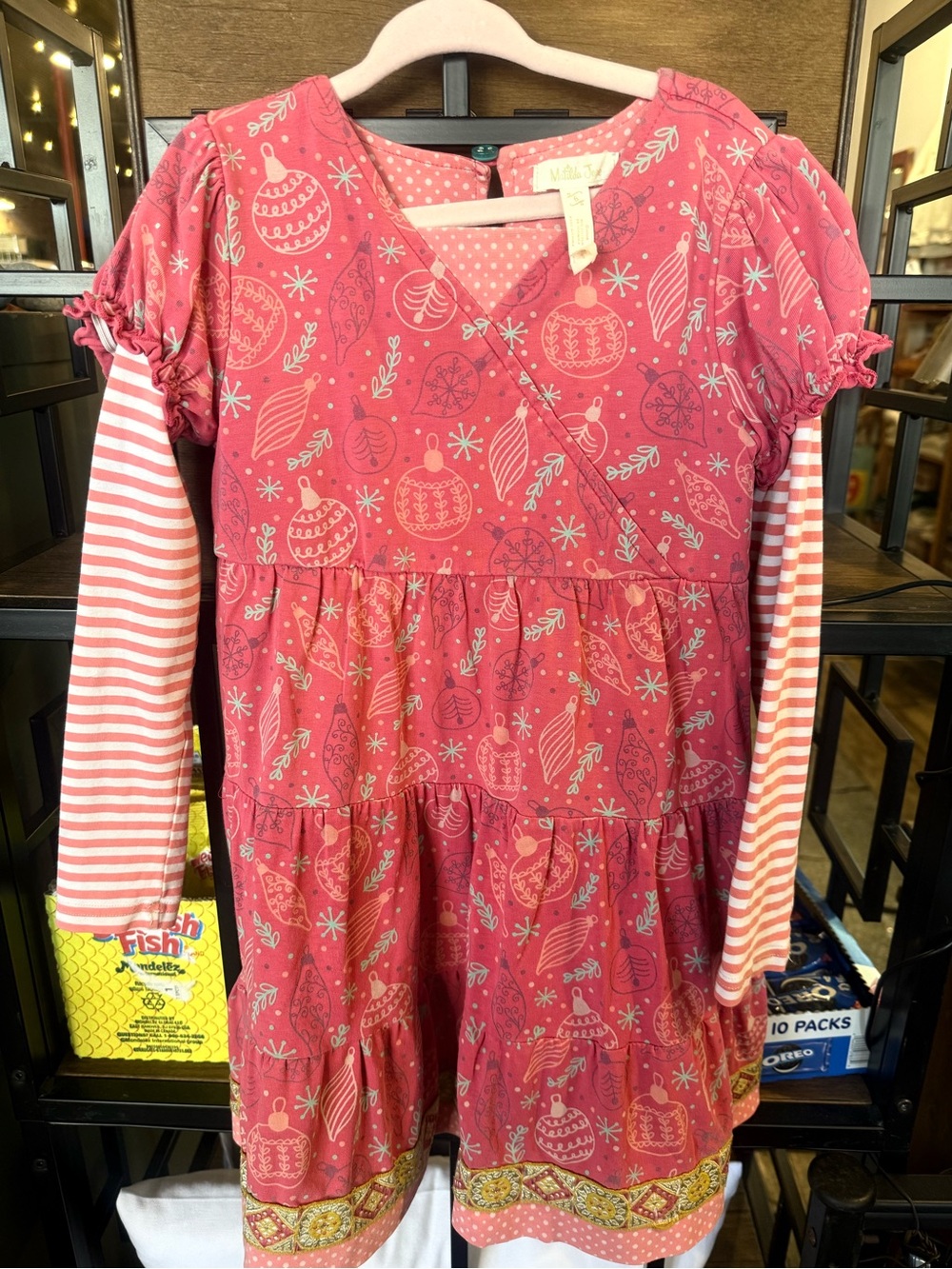 Matilda Jane Coral Ornament-Print Layered Dress with Striped Sleeves